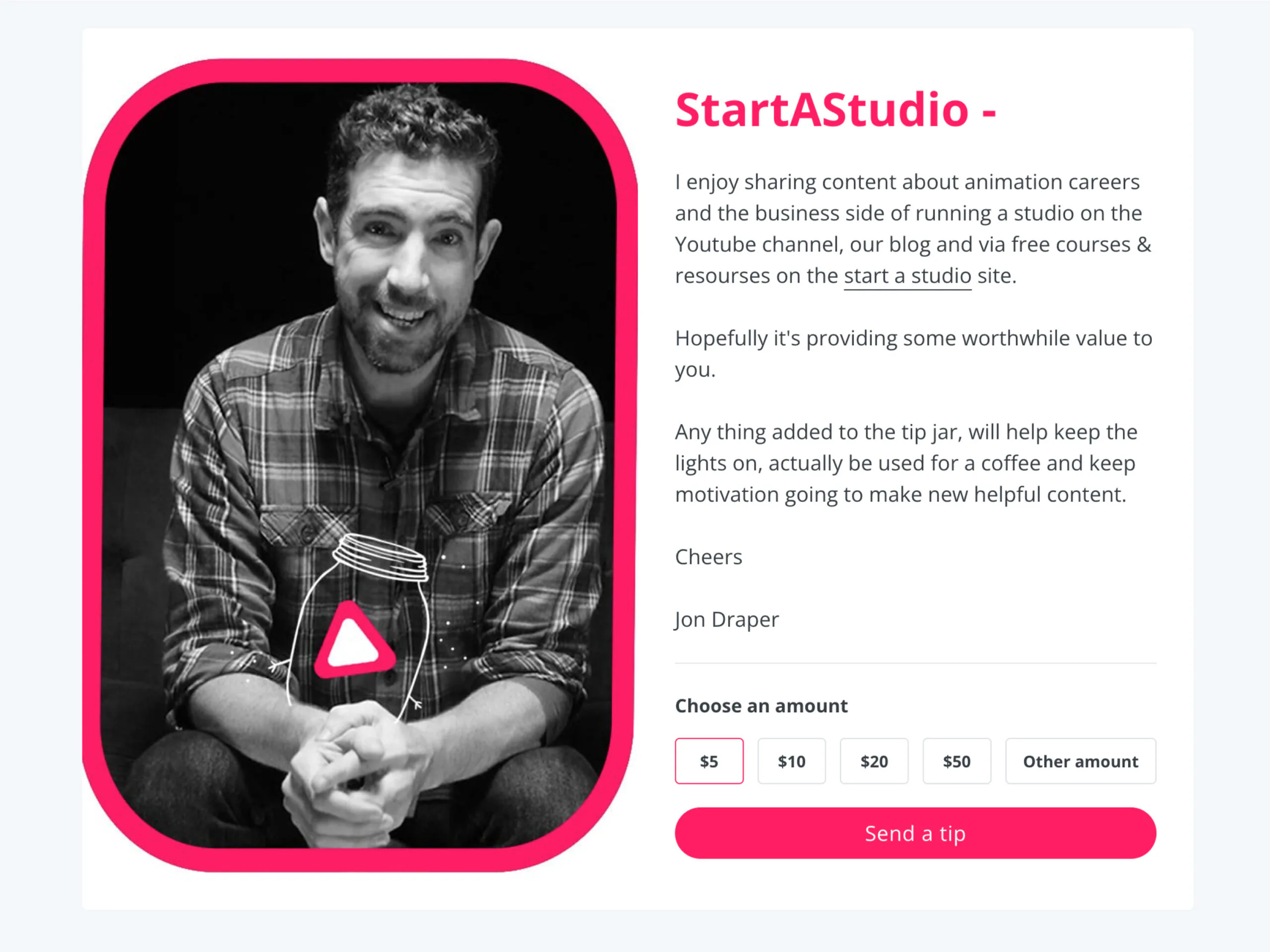 The Start A Studio’s virtual tip jar page. <a href="https://startastudio.kit.com/products/tipjar" target="_blank" rel="noopener">Image via Start a Studio</a>.