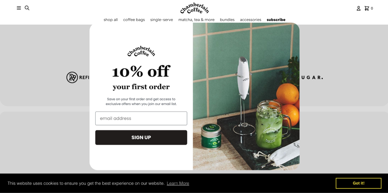 Chamberlain Coffee’s promotional pop-up for a discount on the customer’s first order with a black CTA button reading ‘Sign Up’
